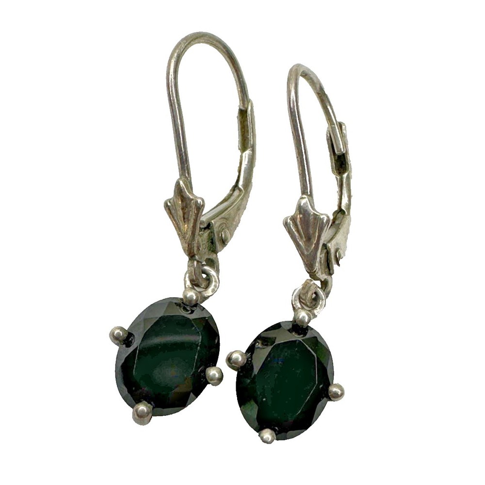 Silver Black Quartz French Hook Earrings‎ Dangle Signed Oval Prong Set VTG